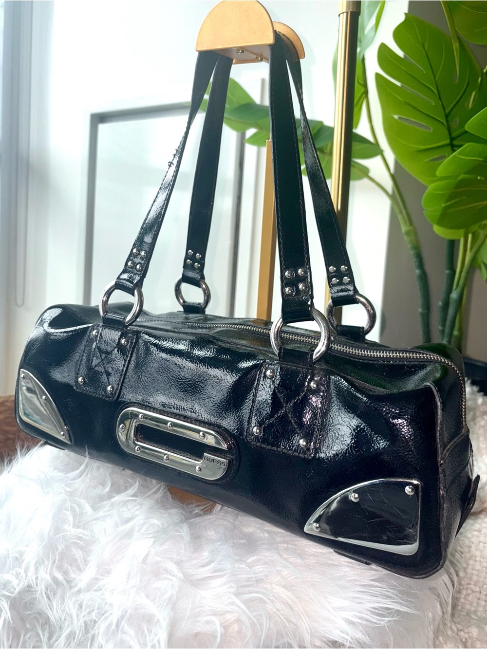 Vintage Guess CRUSH Black Patent Shoulder Bag Y2K Silver Hardware